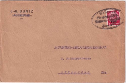 Dt. Bes. Elsass - Bahnpost Strassburg Molsheim Schlettstadt Aushilfsstpl. Brief