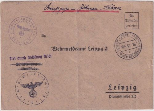 DDP B&M - Prag 30.5.39 Frei d. Ablösung (Polizei) Dienstbrief n. Leipzig