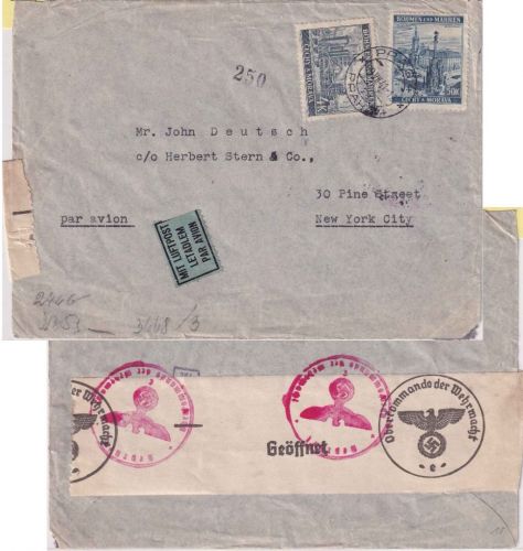 Böhmen & Mähren - 4+2,50 K. Freimarken Luftpostbrief n. USA Prag 9.7.41 Zensur