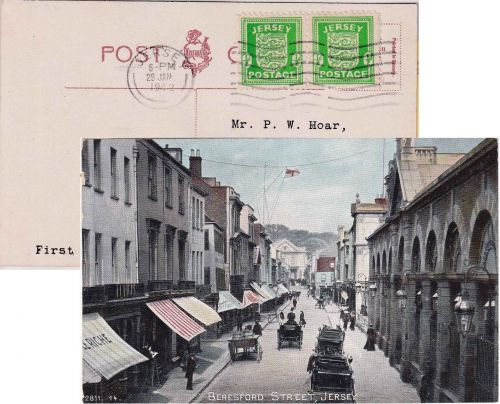 Dt. Bes. Kanalinseln - 1/2 P. Wappen waagr. Paar Ortskarte/FDC Jersey 29.1.42