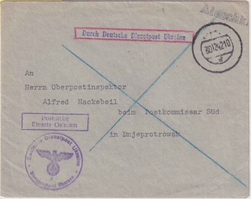 DDP Ukraine - Aleschki viol Aushilfs-L1 Postsache Dienstpostamt Cherson 30.12.42
