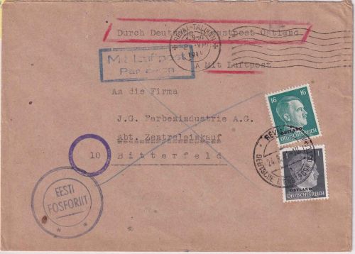 DDP Ostland - 16+1 Pfg. AH/Überdruck Luftpostbrief Reval - Bitterfeld 24.8.44