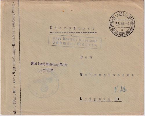 DDP B&M - Prag 15.5.40 Frei d. Ablösung (San.Ers.Abt. 5) Dienstbrief n. Leipzig