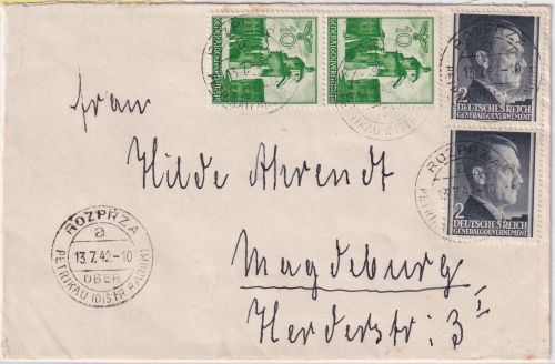 Gen. Gouv. - 2x2+2x10 Gr. Freimarken Brief Rozprza ü. Petrikau Magdeburg 13.7.42