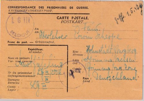 All.Bes./Belgien - Lager LG III (Jemeppe) Kriegsgefangenenkarte n Grimma 18.3.47