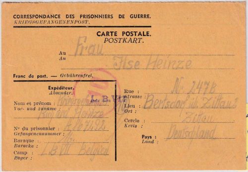 All.Bes./Belgien - Lager LB VII (Eisden) Kriegsgefangenenkarte 25.12.46