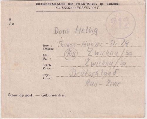 All.Bes./Belgien - Lager LG IV (Tilleur) Kriegsgefangenenbrief n Zwickau 26.5.47