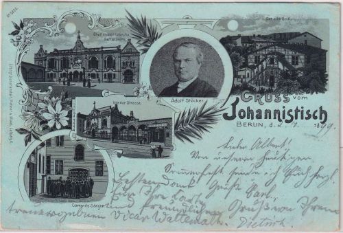 Berlin - Kreuzberg Johannistisch Stadtmissionskirche etc. Mondscheinlitho 1899