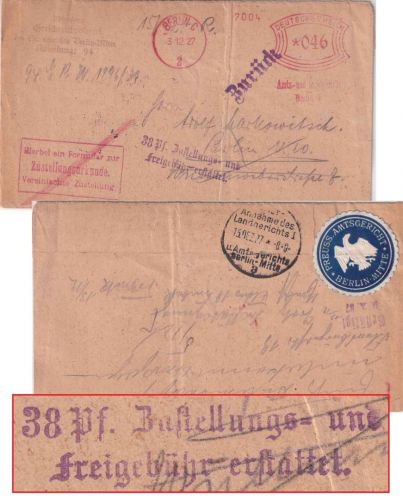 DR - Berlin 1927 46 Pfg. AFS Amtsgericht Orts-Zustellurkunde - Retour/Erstattung