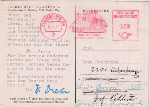 BRD - Hamburg 1967 20 Pfg. AFS "Rauhes Haus" Drucksachenkarte n. Bad Grund