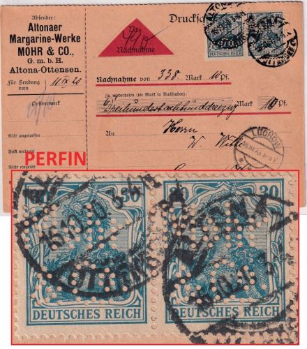 DR - 2x30 Pfg. Germania Perfin "Mohr&Co." Nachnahmedrucksache Altona 16.10.20