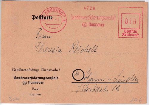 All.Bes. - Hannover 1946 apt. 10 Pfg. AFS "Landesversicherungsanstalt" Ortskarte
