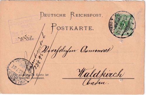 DR - 5 Pfg. K/A Fragekarte/Armensache Pforzheim - Waldkirch 1895