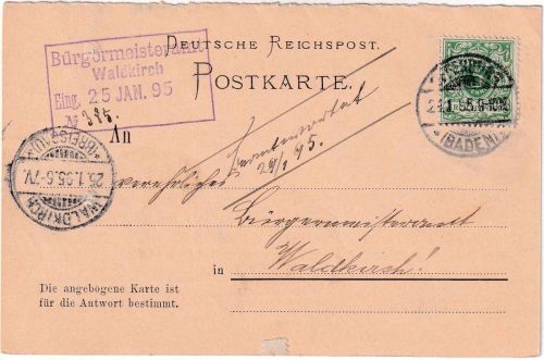 DR - 5 Pfg. K/A Fragekarte/Armensache Offenburg - Waldkirch 1895