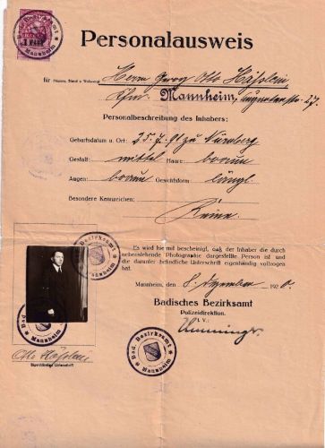 DR - Mannheim 1920 Personalausweis n. Foto 1 M. Gebührenmarke