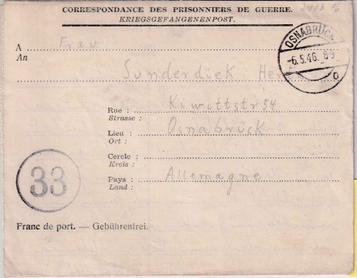 All.Bes./Belgien - Lager CE I/Maurage Kriegsgefangenenbrief n. Osnabrück 6.5.46