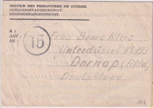 All.Bes./Belgien - Lager CH VI (Chatelineau) Kriegsgefangenenbriefe 9.12.45