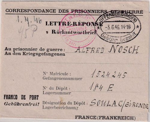 All.Bes. - Offenburg gebühr bezahlt 3.6.46 Kriegsgefangenenbrief n. FRANKREICH