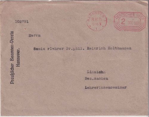 DR-Infla - 2 Mio. Postfreistempel Drucksache Hannover - Linnich 31.10.23