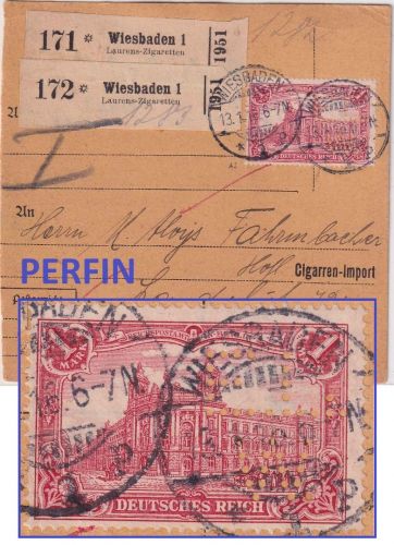 DR - 1 M. Reichspostamt Perfin ELW Paketkarte (2 Pakete) Wiesbaden 1916