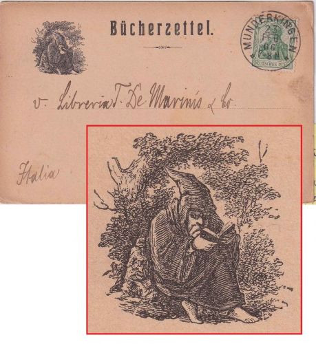 DR - 5 Pfg. Germania oWz illustrierter Bücherzettel n. ITALIEN Munderkingen 1906
