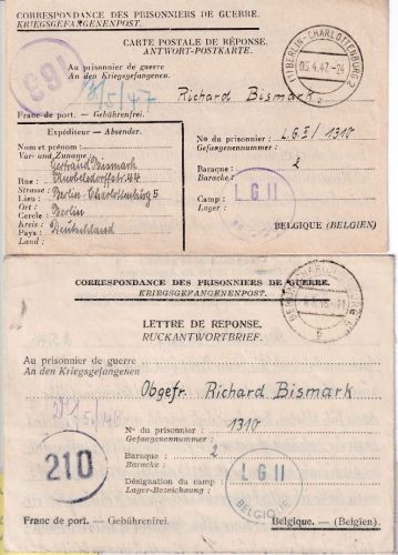 All.Bes./Belgien - B.-Charlottenburg 6.5.46/5.4.47 - 2 Kriegsgefangenensendungen
