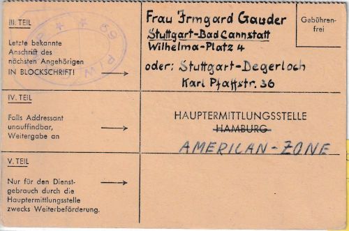 All.Bes./England - POW Camp 69 20.9.45 Kurzmitteilungskarte n. Stuttgart