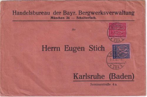 DR-Infla - 20+100 M. Perfin Dienstbrief Bayr. Bergwerksverwaltung München 3.5.23