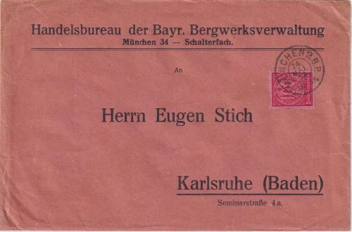 DR-Infla - 100 M. Perfin Dienstbrief Bayr. Bergwerksverwaltung München 24.5.23