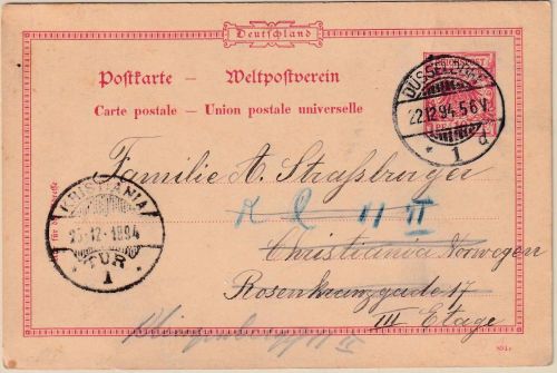 DR - 10 Pfg. K/A Ganzsache n. NORWEGEN Düsseldorf - Christiania 1894 Irrläufer