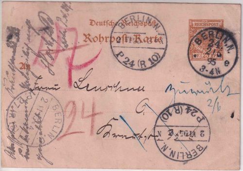 DR - 25 Pfg. K/A Ganzsache Orts-Rohrpostkarte Berlin N24 - 2.6.95 Retourvermerk
