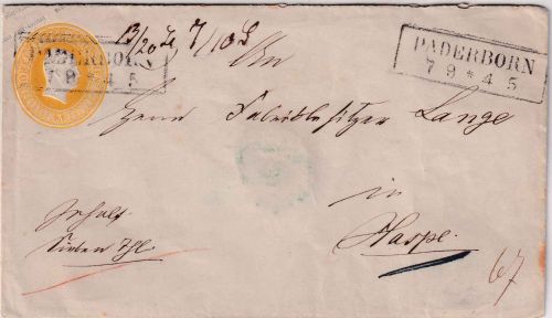 Preussen - 3 Sgr. König Fr. Wilhelm Ganzsache/Geldbrief Ra2 Paderborn 7/9
