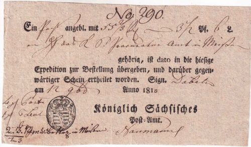 Sachsen - Döbeln 1816 Aufgabeschein f. Fahrpostsendung n. Meißen