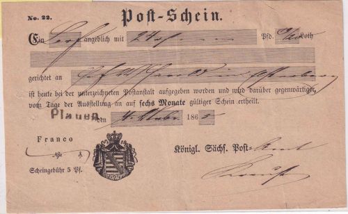 Sachsen - Plauen L1 Postschein f. Fahrpostsendung n. Altenburg (?) 1865