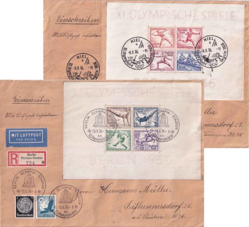DR - Olympiade 1936 Blockausgabe 2 Lupo-Einschreibebriefe Berlin/Kiel 8./13.8.36
