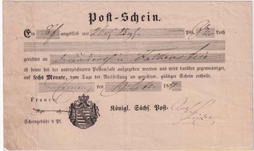 Sachsen - Camenz Postschein f. Fahrpostsendung n. Falkenstein 1857