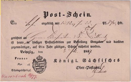 Sachsen - Leipzig 1849 Post-Schein f. Fahrpostsendung n. Cöllnitz (?)