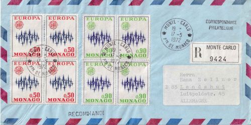 Monaco - 50+90 C. Europa je 4er-Block Lupo-Einschreibebrief n. Landshut 1972