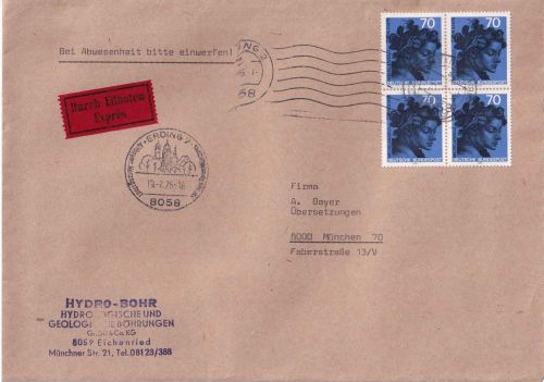 BRD - 70 Pfg. Michelangelo 4er-Block Eilbrief (2. Gew.st.) Erding 19.2.75