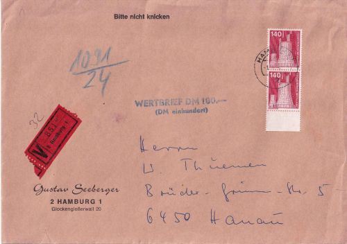 BRD - 2x140 Pfg. I&T Wertbrief (DM 100) Hamburg - Hanau 1975