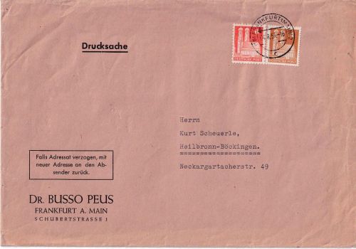 Bizone - 6+4 Pfg. Bauten Drucksache bis 100g Frankfurt a/M. - Heilbronn 1951