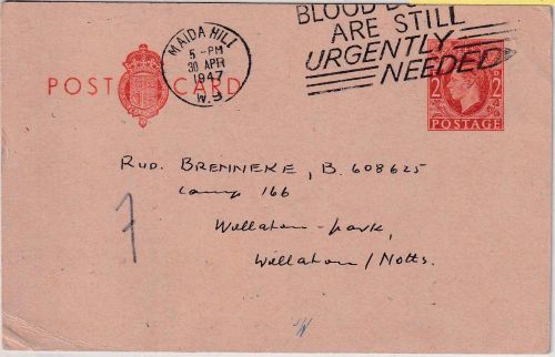England - 2 P. Ganzsache Maida Hill ins POW-Camp 166 (Wollaton Park) 30.4.47