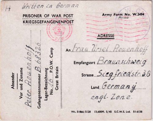 All.Bes./England - POW Camp 16 (Gosford Camp) Kriegsgefangenenkarte 26.11.45