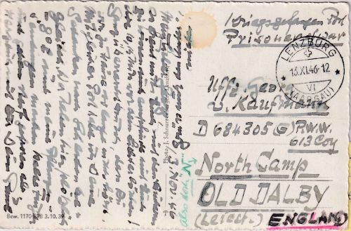 Schweiz - Lenzburg 13.11.46 Kriegsgefangenenkarte ins POW-Camp 613 n. ENGLAND