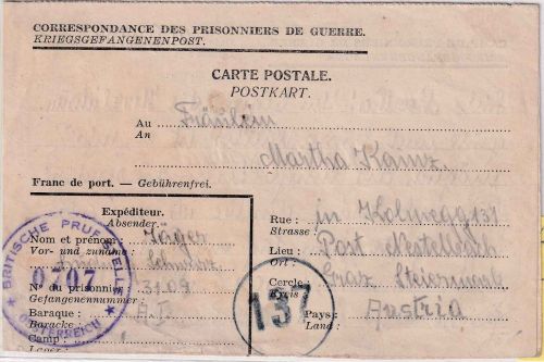 All.Bes./Belgien - Lager CE I (Maurage) Kriegsgefangenenkarte n. ÖSTERREICH 1946