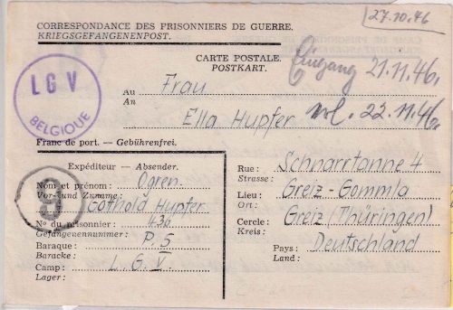 All.Bes./Belgien - Lager LG V (Charatte) Kriegsgefangenenkarte n. Greiz 27.10.46