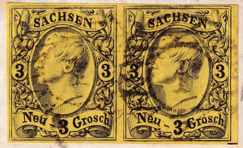 Sachsen - 3 Ngr. König Johann I. waagr. Paar Briefstück Kreisgitter-Stpl. "1"