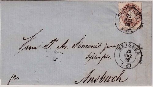 Sachsen/Bayern - 3 Ngr. Wappen Brief K2 Meissen - Ansbach 22. MRZ 66