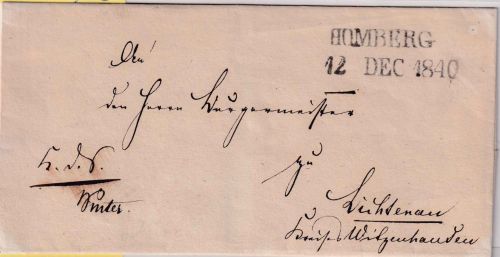 Thurn & Taxis - Homberg 12 DEC 1840 L2 (mit Jz !!) Dienstbrief n. Lichtenau