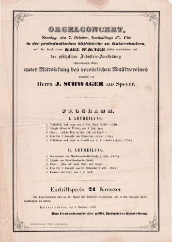 Bayern - Kaiserslautern 3.10.1860 Drucksache/Aushang Orgelkonzert 24x34cm